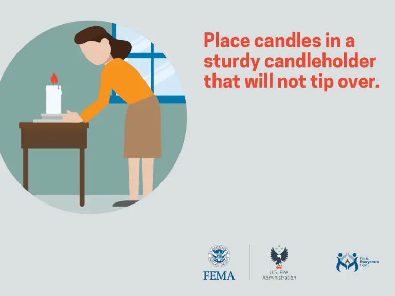 A woman placing a white candle into a sturdy holder on a wooden table, with a safety message advising to use a candleholder that won't tip over.