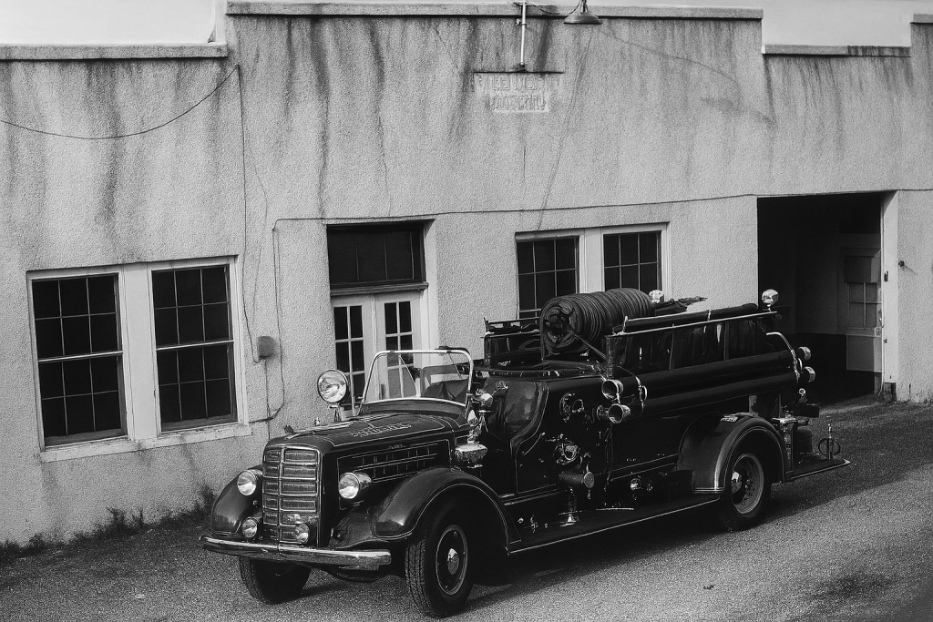 A vintage fire truck is parked outside an old fire station building with weathered walls, windows, and an open door. The scene is in black and white, emphasizing the historic atmosphere.