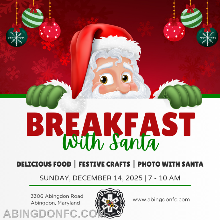 Illustration of Santa Claus in a red hat peeking over a sign advertising "Breakfast with Santa" event with food, crafts, and photos on December 14, 2025, at Abingdon, Maryland. Green ornaments hang above.