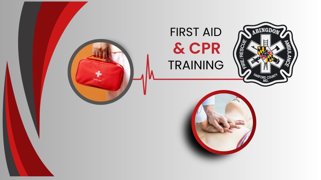 A promotional image for Abingdon Fire Rescue's First Aid & CPR Training, showing a person holding a red first aid kit and another person performing CPR on a mannequin. There is also the Abingdon Ambulance badge/logo.