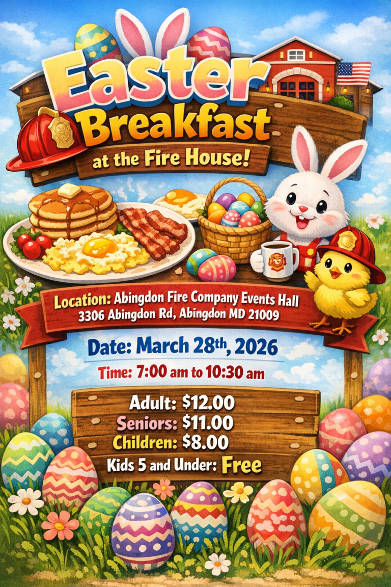 Colorful Easter breakfast event poster with pancakes, eggs, sausage, a bunny, a chick, decorated eggs, and fire hats. Details include date, time, location, and prices. Background features a blue sky and grassy field.