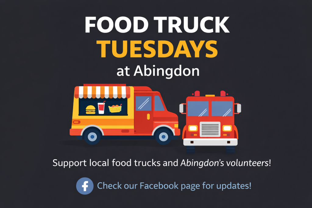 Illustration of a yellow and red food truck next to a red fire truck, with text promoting "Food Truck Tuesdays at Abingdon" and encouraging support for local food trucks and volunteers. Facebook logo at the bottom.
