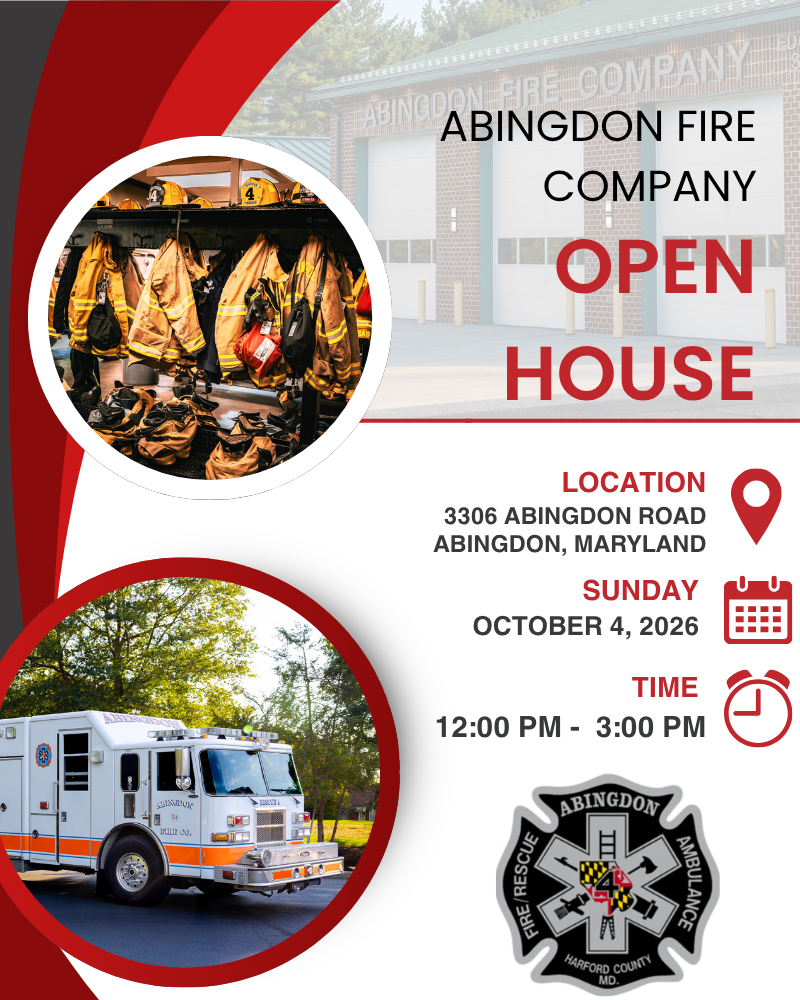 Flyer for the Abingdon Fire Company Open House on October 4, 2026, from 12-3 PM. Includes images of fire gear, a fire truck, and event details with the fire company’s badge.