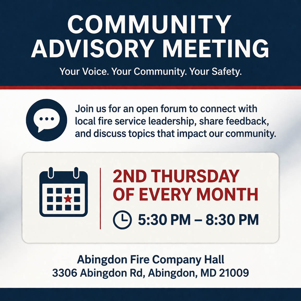 Flyer for a Community Advisory Meeting, inviting people to connect with local fire service leaders. Meetings are held the 2nd Thursday of every month, 5:30-8:30 PM, at Abingdon Fire Company Hall, 3306 Abingdon Rd, MD.