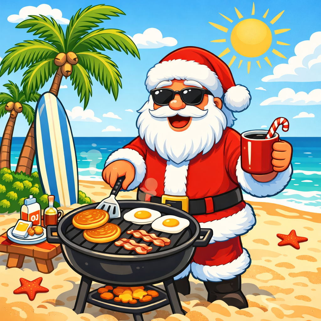 Santa Claus, wearing sunglasses, grills pancakes, eggs, and bacon on a sunny beach. He holds a mug with a candy cane. Palm trees, a surfboard, and breakfast items are nearby, with the ocean and bright sun in the background.