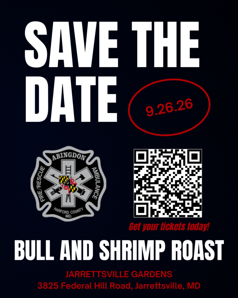 Save the date flyer for a bull and shrimp roast on 9.26.26 at Jarrettsville Gardens, with Abingdon Fire Rescue Ambulance logo, QR code, and event address in Jarrettsville, MD.