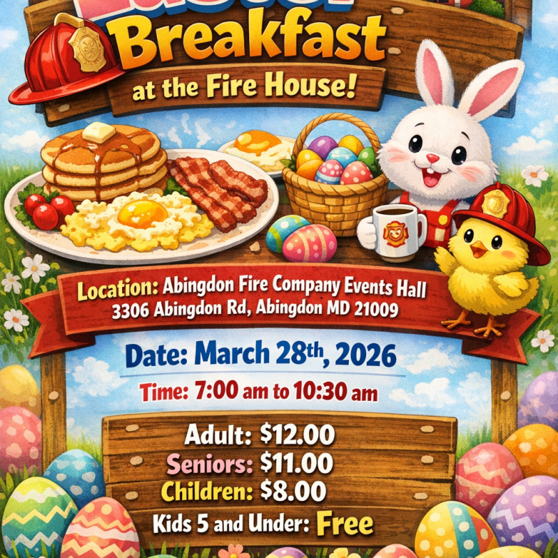 Colorful Easter breakfast event poster with pancakes, eggs, sausage, a bunny, a chick, decorated eggs, and fire hats. Details include date, time, location, and prices. Background features a blue sky and grassy field.